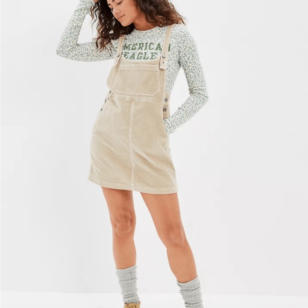 American Eagle Outfitters Women's Beige Corduroy Overall Mini Dress